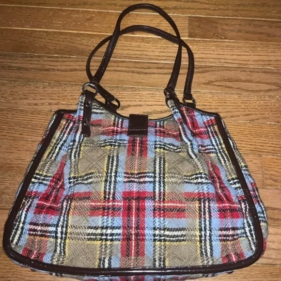 Vera Bradley Dual Strap Quilted Plaid Shoulder Bag Red, Blue, Tan - Picture 5 of 15